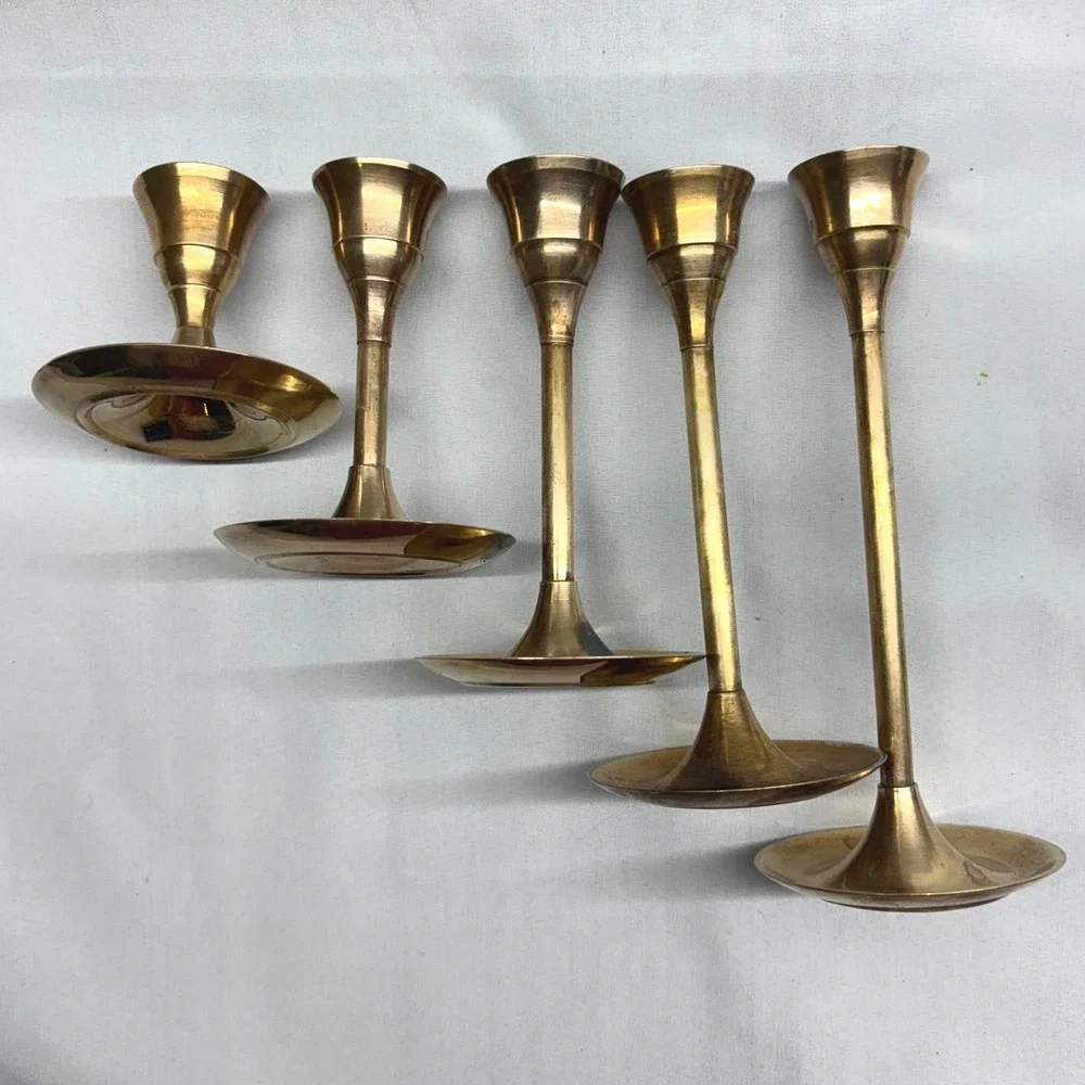 Unbranded Brass Candlestick Holders Set of 5 Gold Good Graduated Mid Century